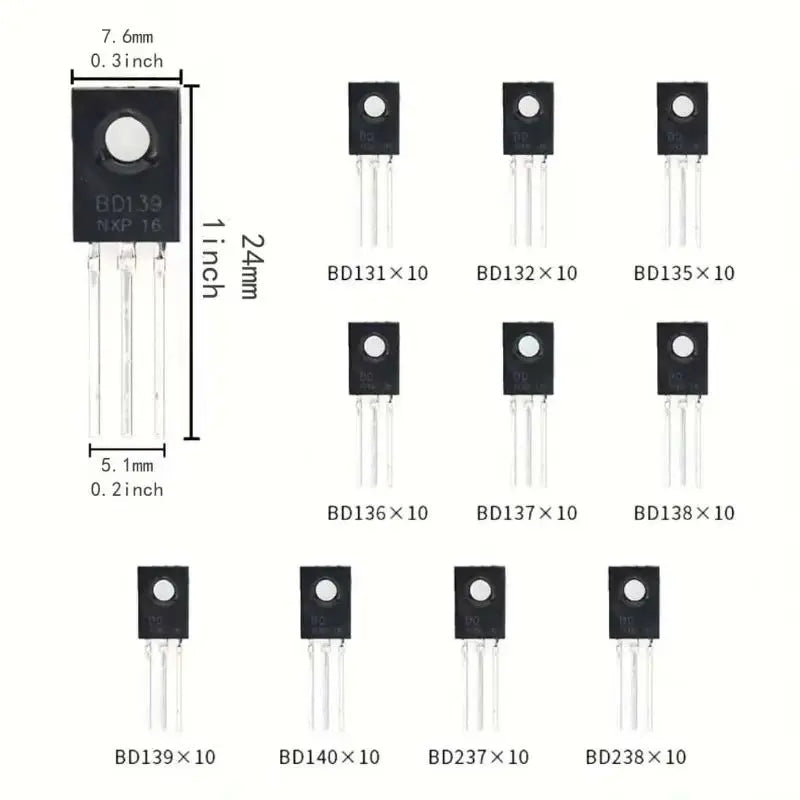 100pcs TO126 package transistors BD131-BD139/BD237/BD238, available in 10 different models, with DIY electronic component kit