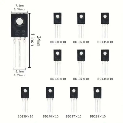 100pcs TO126 package transistors BD131-BD139/BD237/BD238, available in 10 different models, with DIY electronic component kit