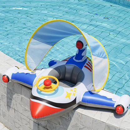 Baby Pool Float Baby Swimming Pool Floats Airplane Shape Inflatable Raft with Sun Protection Canopy Water Toys for Kids Ages 1-6