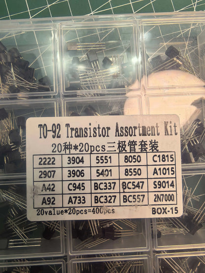 400PCS TO-92 Transistor Kit 20 Values NPN PNP 2N2222 2N3904 2N5551 2N7000 BC337 BC327 Assortment