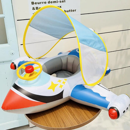 Baby Pool Float Baby Swimming Pool Floats Airplane Shape Inflatable Raft with Sun Protection Canopy Water Toys for Kids Ages 1-6