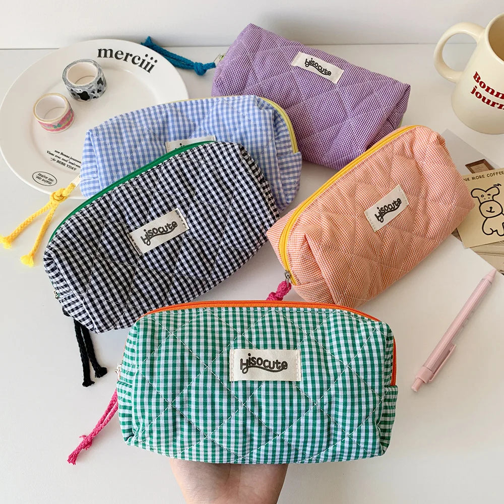 Student Color Blocking Checkered Pencil Case Girls' Stationery Bag Makeup Brush Holder Makeup Bag Women Cosmetic Bag Coin Purse