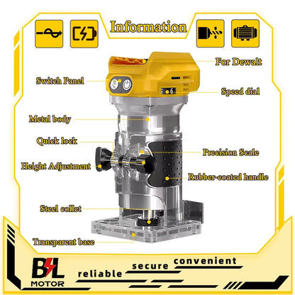 Electric Trimmer Brushless Woodworking Trimming Router Milling Engraving Slotting Tools Fit Dewalt 18V Battery Pin