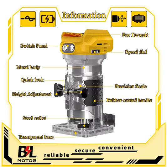 Electric Trimmer Brushless Woodworking Trimming Router Milling Engraving Slotting Tools Fit Dewalt 18V Battery Pin