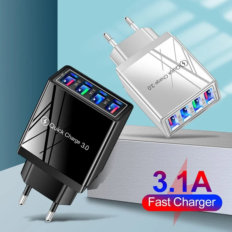 3A EU/US Plug USB Charger 4 Ports Quick Charge 3.0 Mobile Phone Charger Adapter For iPhone Huawei Xiaomi Travel Mobile Charger
