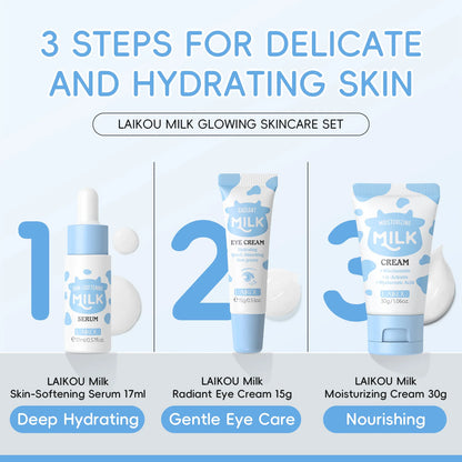 LAIKOU Milk Skincare Travel Set 3pcs Niacinamide Hyaluronic Acid Face Serum Eye Cream Face Cream Moisturizing Glowing Skin Care