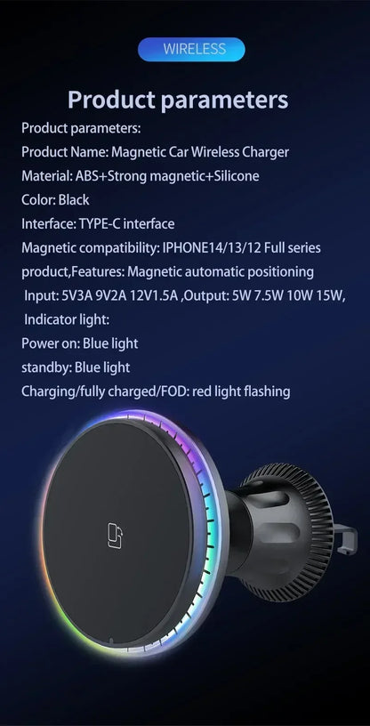 Magnetic Car Wireless Charger RGB For iPhone 13 14 15 16 17 Pro Max Macsafe Car Phone Holder Stand Mount Fast Charging Station