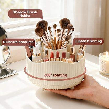 Rotating Makeup Organizer, Cosmetic Display Case with Brush Holder Perfume Tray, Storage Carousel for Vanity Bathroom Countertop