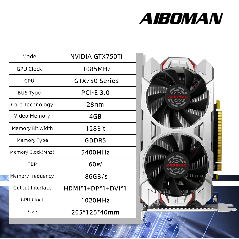 AIBOMAN GTX750Ti 4GB Graphics Card Gaming GDDR5 Computer GPU Video card for Work