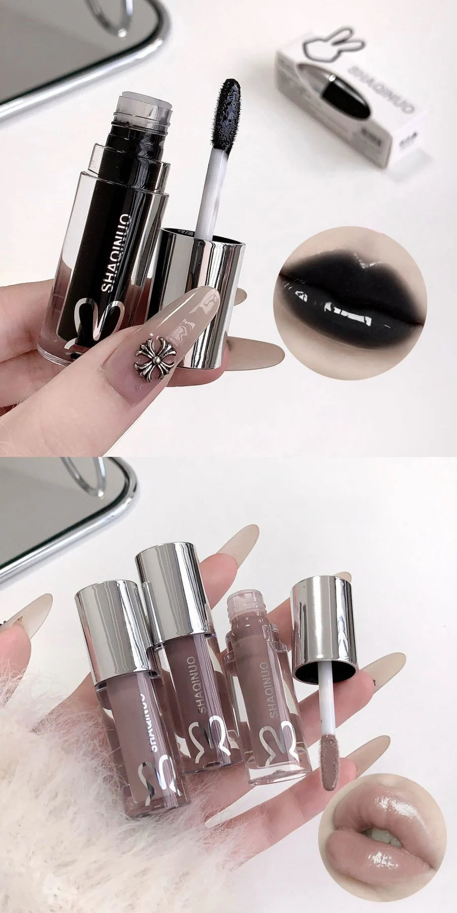 1Pc Lip Gloss Mirror Moisturizing Gothic Pure Black Silver Fine Flash Low Saturation Lip Glazed Lasting Lip Makeup Halloween