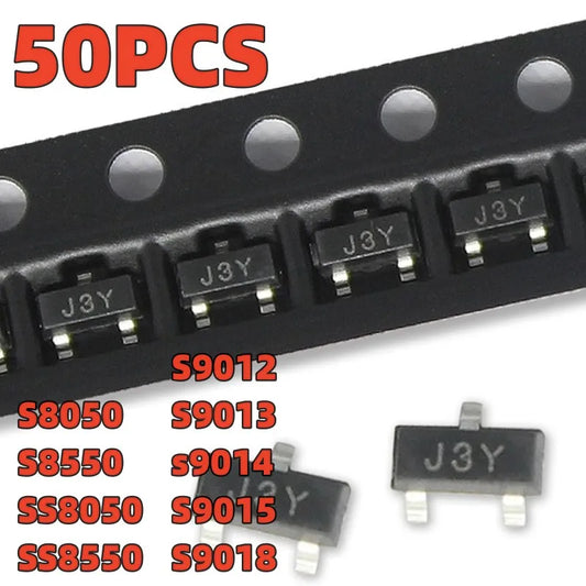 50PCS SMD Transistor Assortment Kit (S8050/S8550/SS8050/SS8550/S9012-S9018) SOT-23 Packagefor DIY Electronics, Arduino,Raspberry