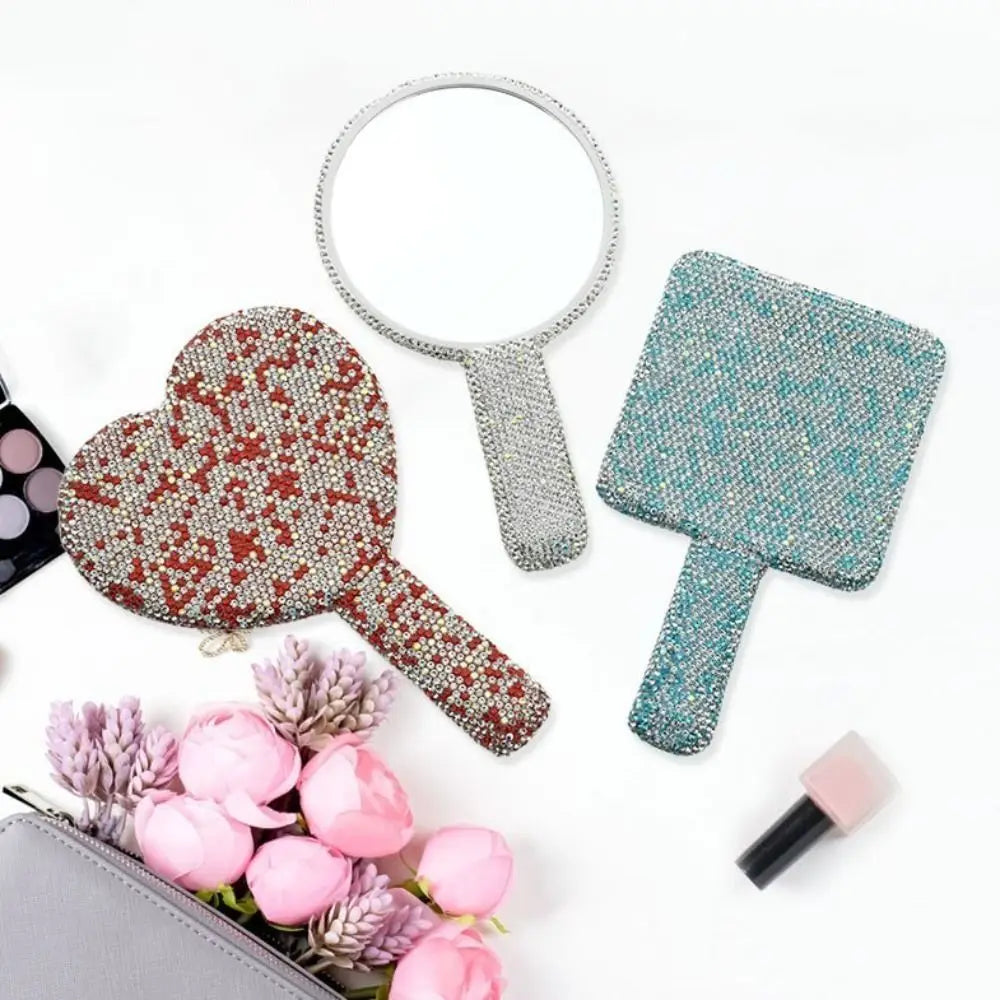 Cute Rhinestone Makeup Mirror Round Square Heart Shape Shiny Bling Cosmetic Hand Mirror Portable with Handle Handheld Mirror