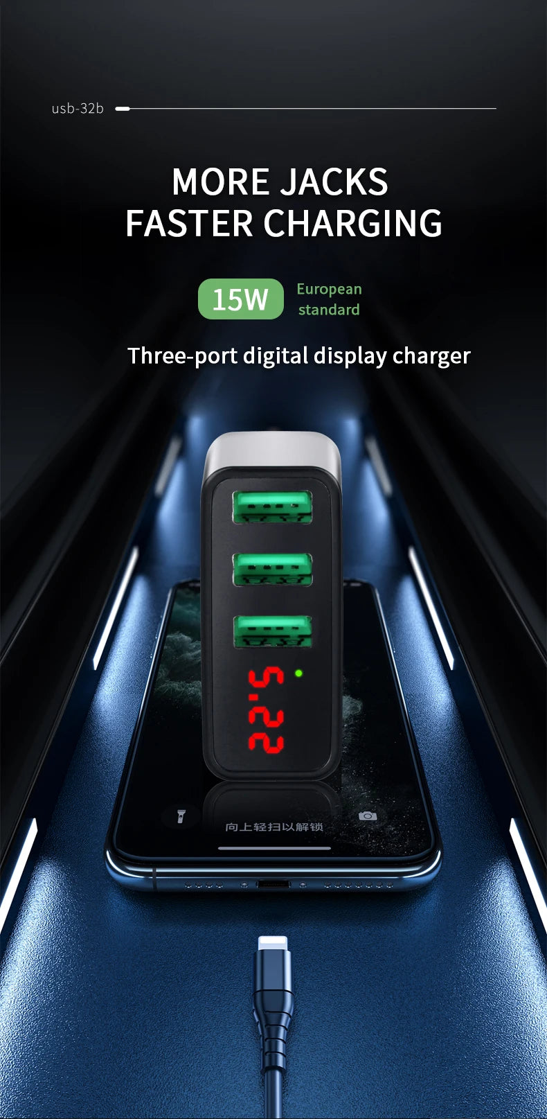 3.4A USB Charger Digital Display Fast Charging Quick Charge 3.0 Mobile Phone Chargers Adapter For iPhone Samsung Xiaomi Huawei