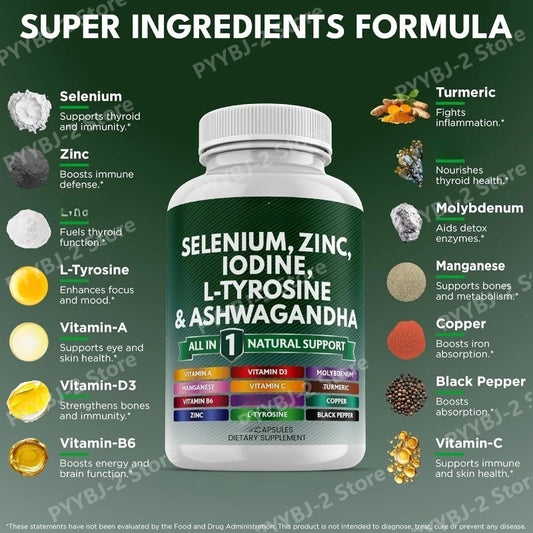 Multimineral Vitamin Capsules with Selenium Zinc Iodine L-TyrosineTurmeric Silica Supplement Daily Nutrition Support 120 Count