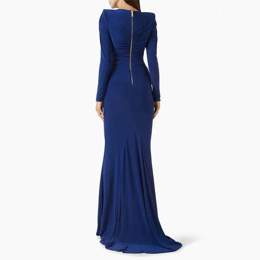 Luxury Evening Dress V-Neck Long Sleeves Pleat Jersey Mermaid Evening Gowns Floor Length Prom Dresses Dress Customized