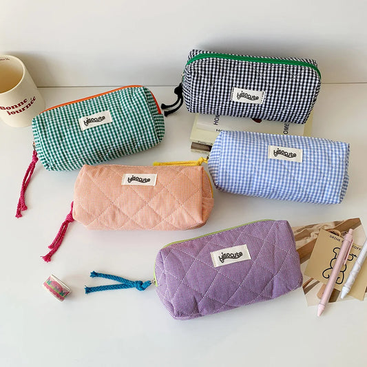 Student Color Blocking Checkered Pencil Case Girls' Stationery Bag Makeup Brush Holder Makeup Bag Women Cosmetic Bag Coin Purse