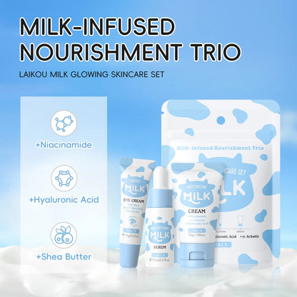 LAIKOU Milk Skincare Travel Set 3pcs Niacinamide Hyaluronic Acid Face Serum Eye Cream Face Cream Moisturizing Glowing Skin Care