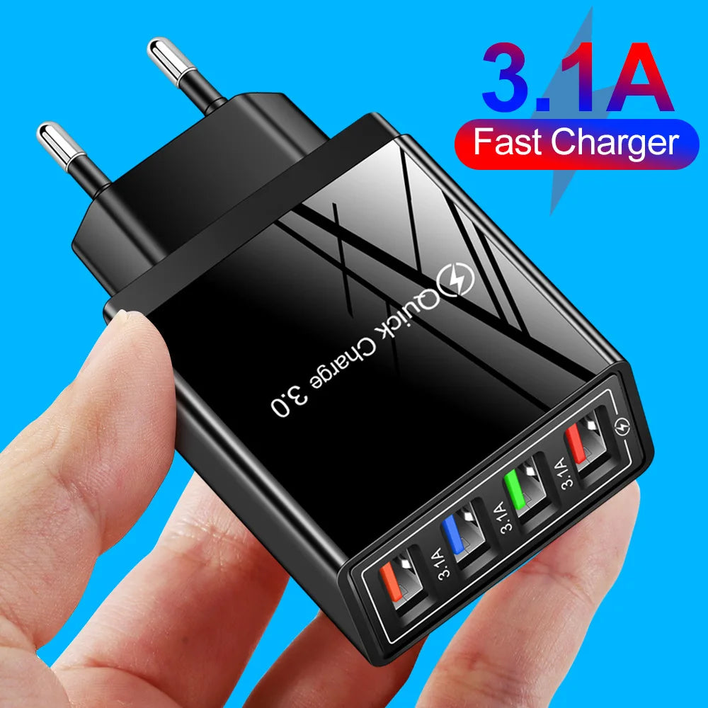 3A EU/US Plug USB Charger 4 Ports Quick Charge 3.0 Mobile Phone Charger Adapter For iPhone Huawei Xiaomi Travel Mobile Charger