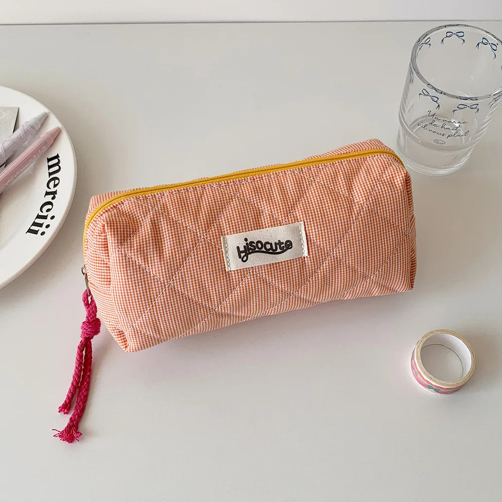 Student Color Blocking Checkered Pencil Case Girls' Stationery Bag Makeup Brush Holder Makeup Bag Women Cosmetic Bag Coin Purse