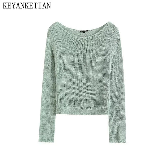 KEYANKETIAN 2024 Autumn New Women's Light green Sweater Simple style O-Neck Long Sleeve Soft Loose Pullover Cropped Knitted Top