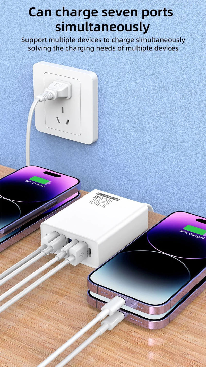120W Charging Head 7 Ports 3USB+4PD Fast Charging Phone Charger Head 5V4A US/EU/UK Standard Charger for Mobile Phones