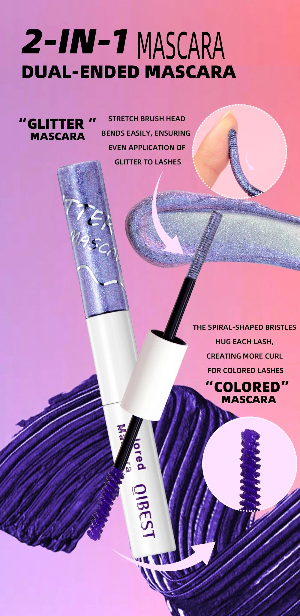 Double Head 2 IN 1 Mascara Silk Fiber Lash Mascara Volume Waterproof Lasting Non-Smudging Thick Thin Curling Mascara Eyes Makeup