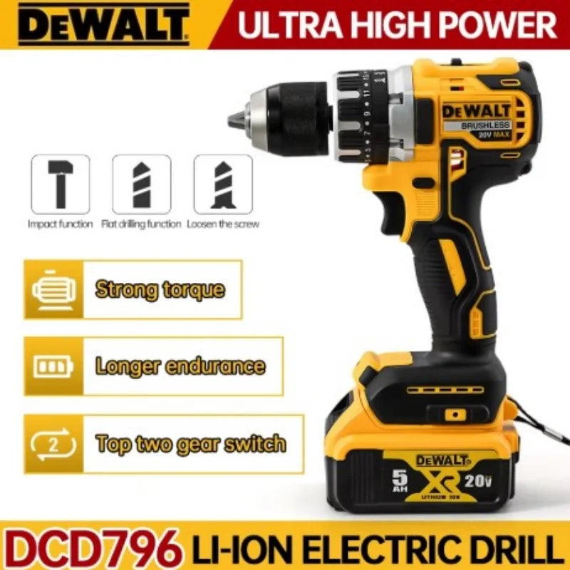 DEWALT DCD796 Cordless Brushless Impact Drill 20V Battery Portable Compact Rechargeable Power Tools for DIY And Professional Use