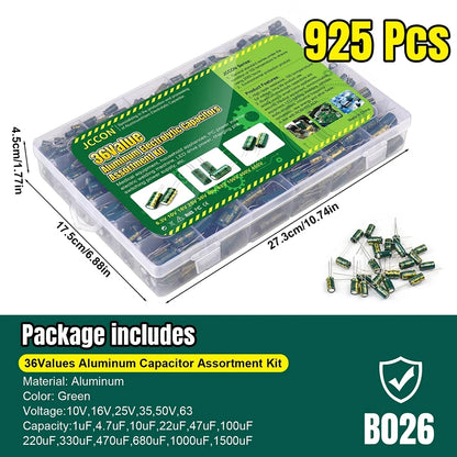 15/24/36 Values 225/460/925Pcs Aluminum Electrolytic Capacitors with Storage Box Aluminum Electrolytic Capacitors Assortment Kit
