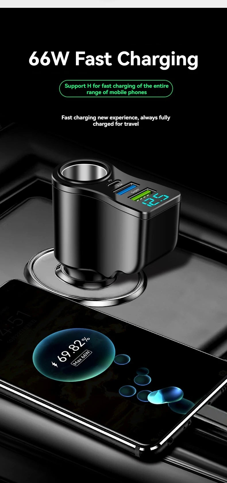 One can drag and carry four mobile phone chargers. It supports super-fast charging and has real-time voltage display.