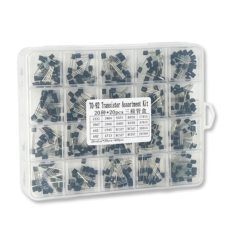 400PCS/Box TO-92 Transistor KIT Set 20 Values 2N2222 2N3904 2N5551 S8050 C1815 2907 3606 5401 S8550 A1015 MPSA42 A92 C945 BC547B