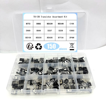 150pcs TO-126 Transistor Assortment Kit Pack B772 D882 BD139 BD140 C106 D669 B649 D237 D238 13003 BD136 BD235 BD438 BT134 2P4M
