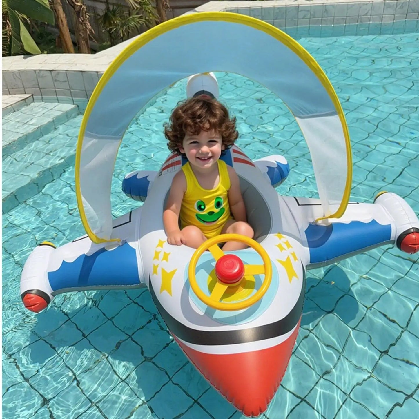 Baby Pool Float Baby Swimming Pool Floats Airplane Shape Inflatable Raft with Sun Protection Canopy Water Toys for Kids Ages 1-6