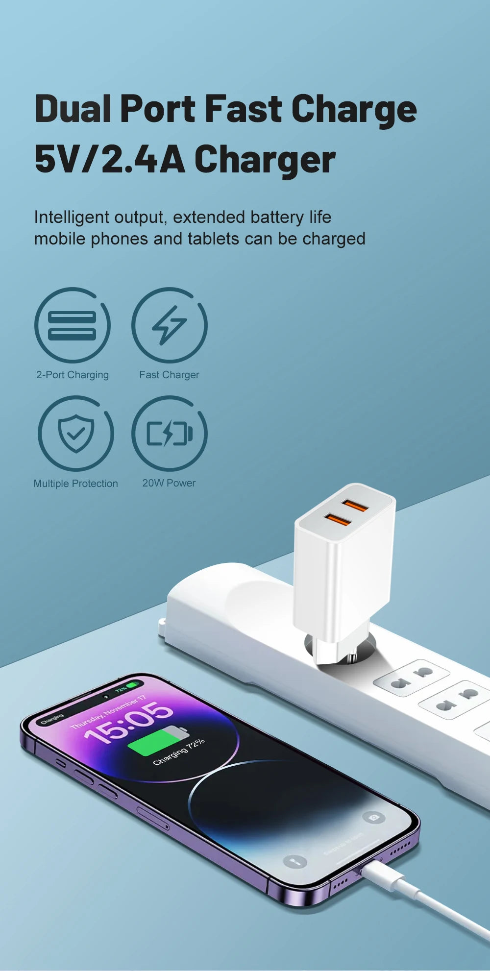 Dual USB Charger Fast Charging Adapter Portable Wall Travel Charger Mobile Phone Chargers for Oneplus Oppo iPhone Xiaomi 15 17