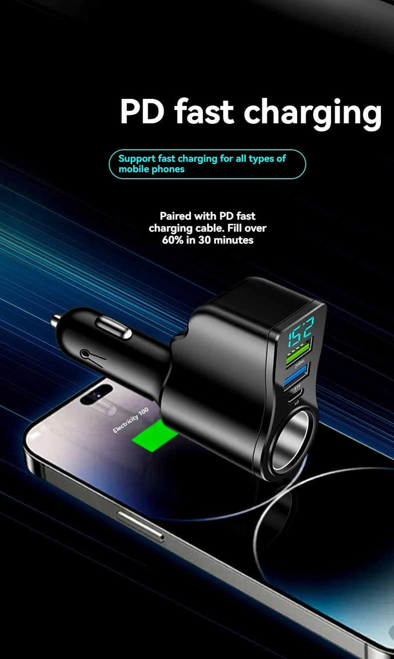 One can drag and carry four mobile phone chargers. It supports super-fast charging and has real-time voltage display.