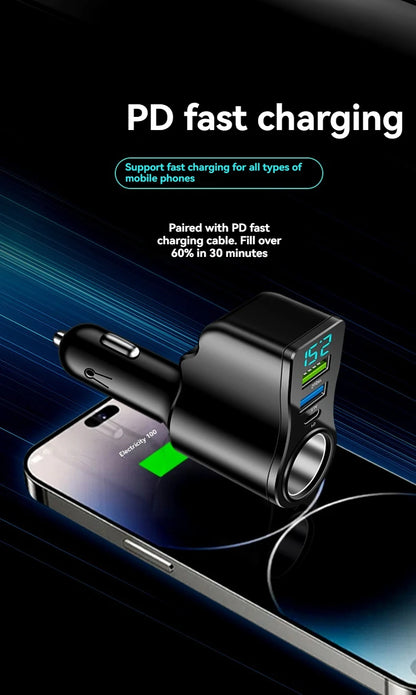 One can drag and carry four mobile phone chargers. It supports super-fast charging and has real-time voltage display.