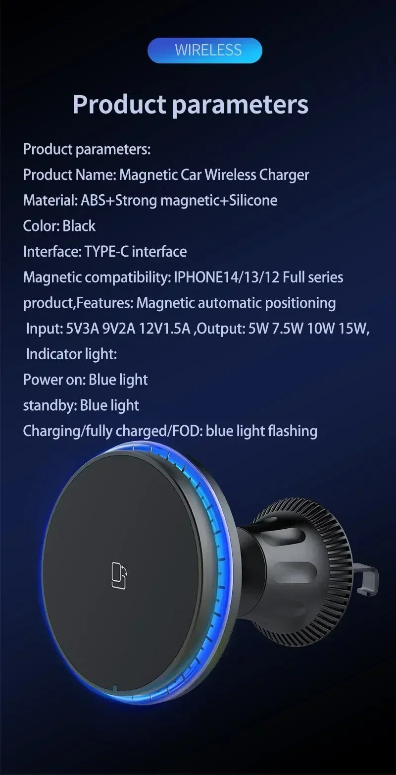 Magnetic Car Wireless Charger RGB For iPhone 13 14 15 16 17 Pro Max Macsafe Car Phone Holder Stand Mount Fast Charging Station