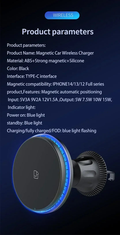 Magnetic Car Wireless Charger RGB For iPhone 13 14 15 16 17 Pro Max Macsafe Car Phone Holder Stand Mount Fast Charging Station