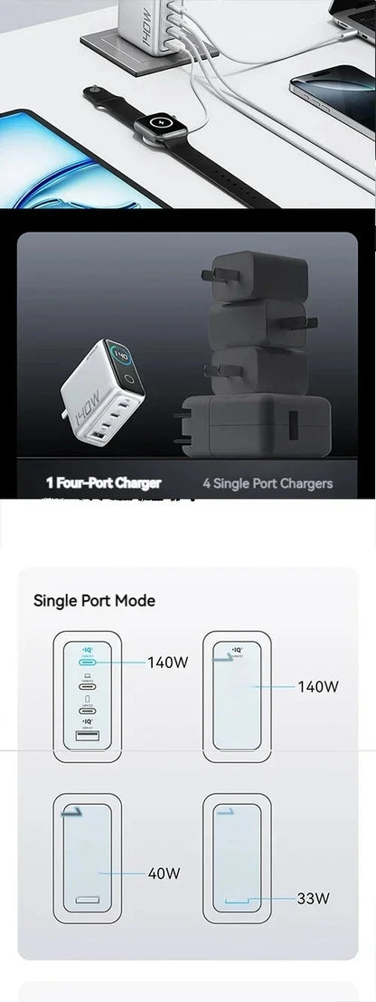 Original Anker Zolo 140W GaN Charger AI Display Screen Four-Port Fast Charge Mobile Phone Chargers Portable Phone Power Adaptor