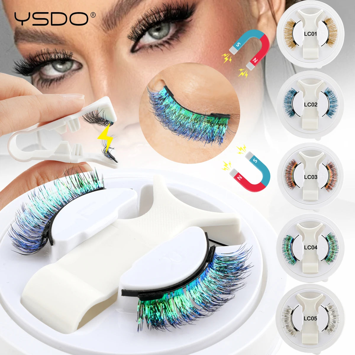 YSDO Colored Magnetic Eyelashes Natural Faux 3D Mink Lashes Reusable Makeup Party Cosplay Shiny Colorful Magnet False Lashes