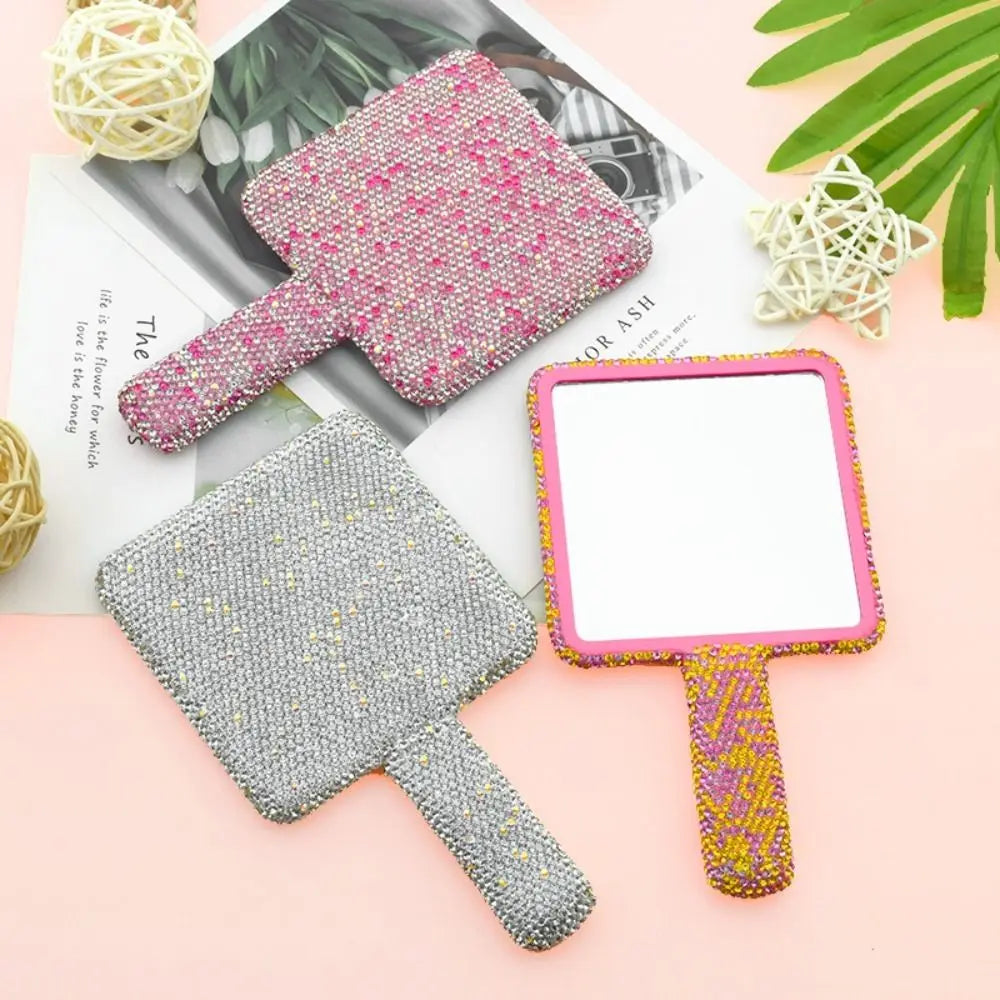 Cute Rhinestone Makeup Mirror Round Square Heart Shape Shiny Bling Cosmetic Hand Mirror Portable with Handle Handheld Mirror