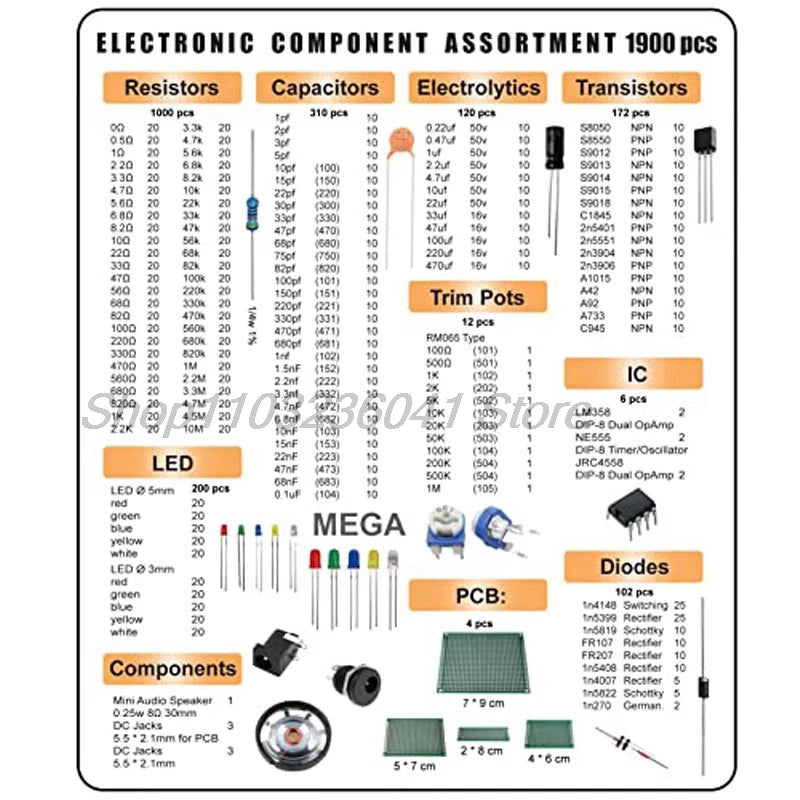 1900 pcs Mega Electronic Component Kit including Assortment + Capacitors + Resistors + LED + Transistors + DC Jacks + PCB +opamp