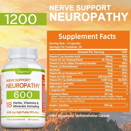 Neuropathy Support Supplement 600mg - Reduces Stress, Promotes Nerve Health and Brain Function, Cellular Energy, Non-GMO