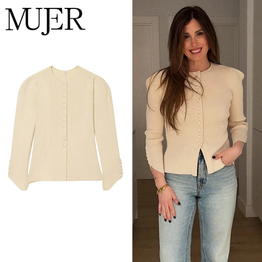 MUJER 2026 Knit Polo Cardigan Women Puff Sleeve Knitwears Women's Sweaters Fashion Summer Cardigans for Woman Button Tops Jersey