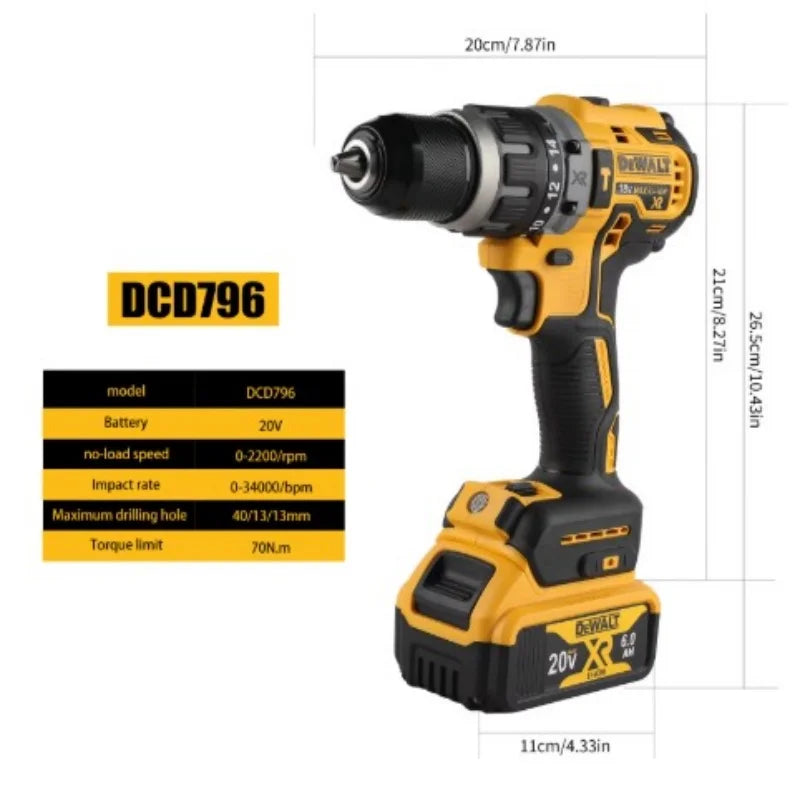 DEWALT DCD796 Cordless Brushless Impact Drill 20V Battery Portable Compact Rechargeable Power Tools for DIY And Professional Use