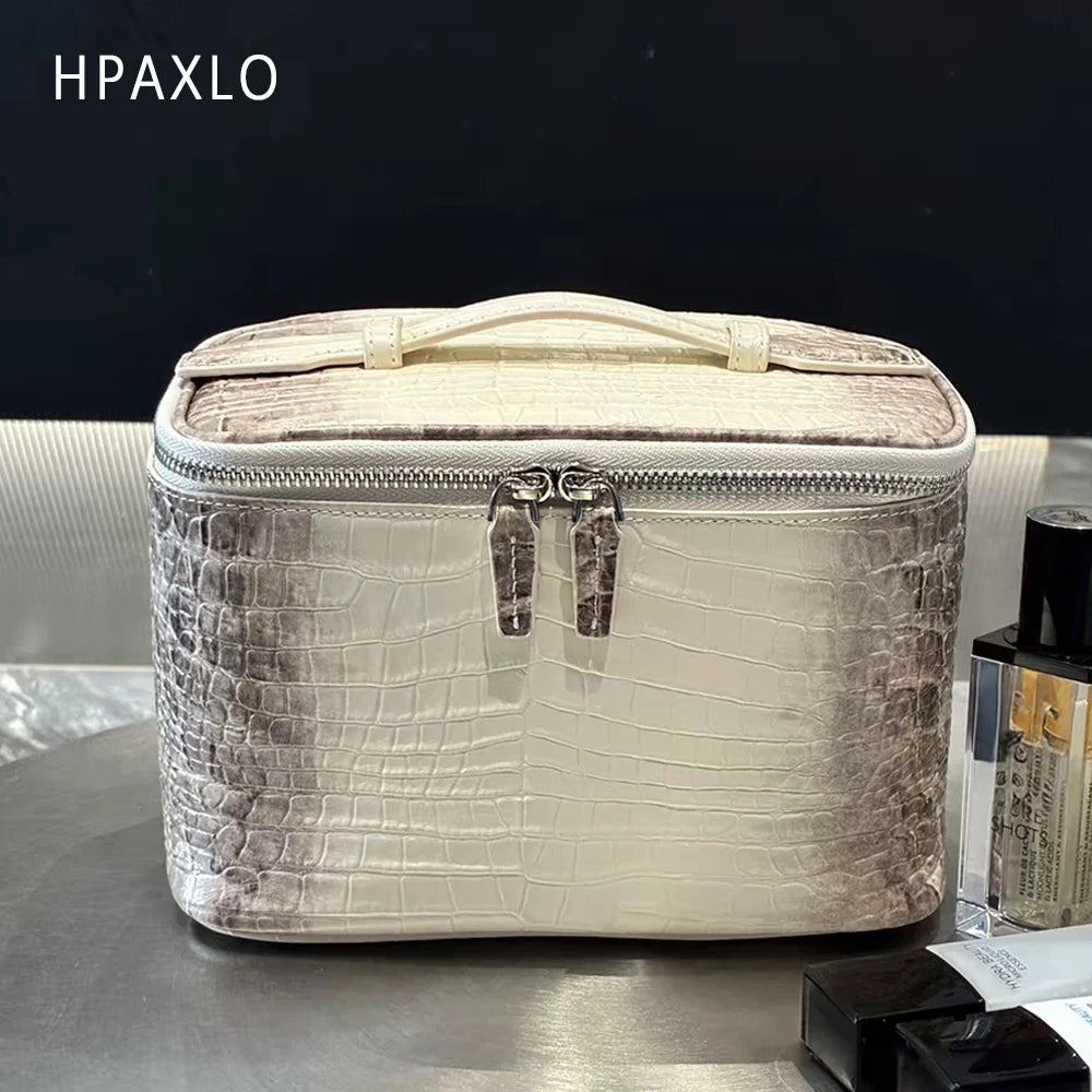 Luxury Embossed Crocodile Leather Makeup Bag Travel Toiletry Organizer Portable Cosmetic Pouch Women Storage Practical Durable