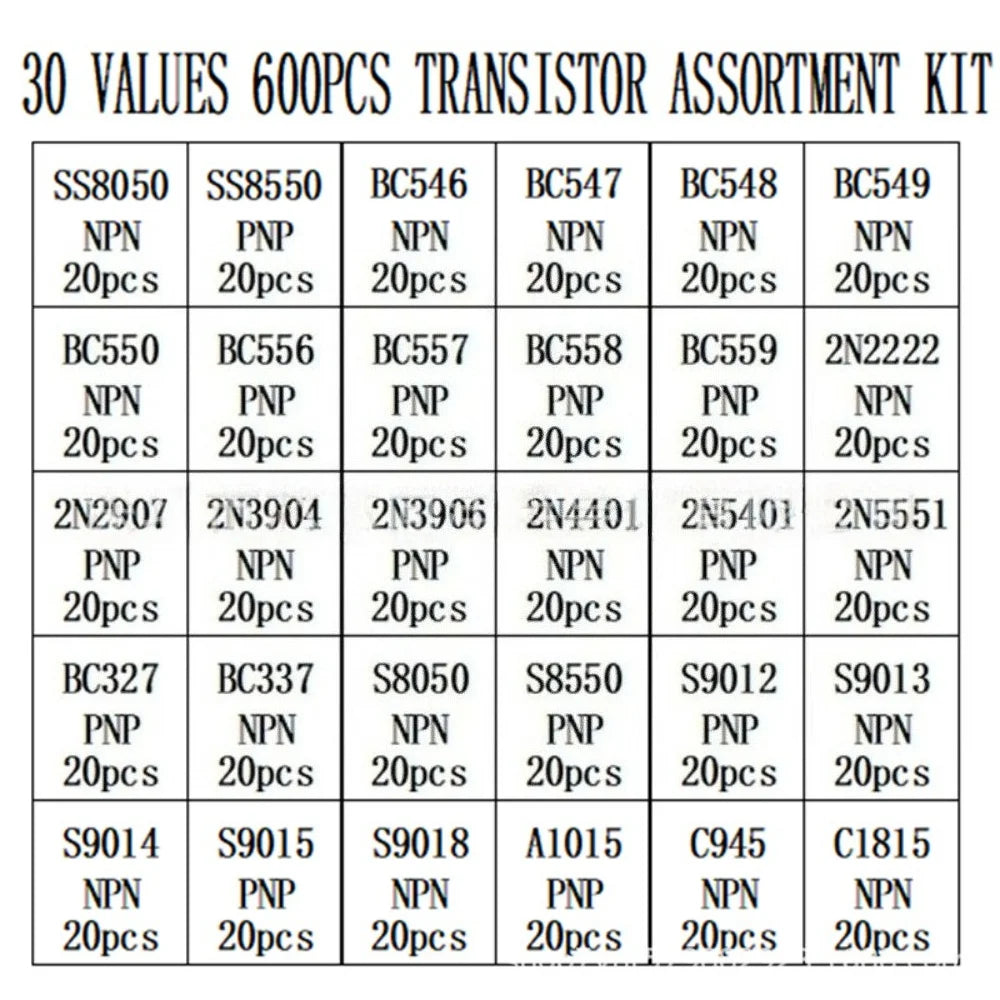 600PCS TO 92 Transistor Assortment Kit 30 Values 20PCS Each NPN PNP Through Hole DIY Electronic Components