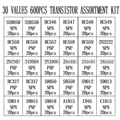 600PCS TO 92 Transistor Assortment Kit 30 Values 20PCS Each NPN PNP Through Hole DIY Electronic Components