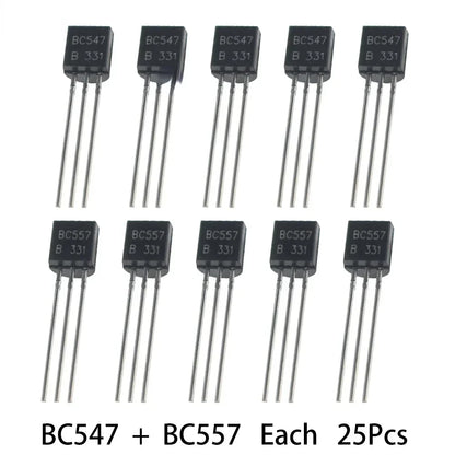 50Pcs/set Electronic Transistors Kit NPN PNP BC547 BC557 Each 25pcs Transistor Kit Bc557 Bc547 Transistor DIY Electronic Kit