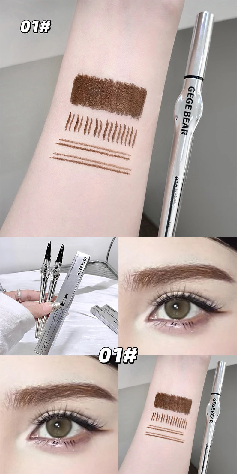 Two-Prong Eyebrow Pen For Women Gege Bear Long-lasting Natural Strokes Waterproof Anti-Sweat Non-smudged All-Day Wear Eye Makeup