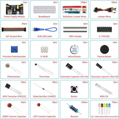 Electronics Component Fun Kit w/Power Supply Module, Jumper Wire, 830 tie-Points Breadboard, Precision Potentiometer,Resistor